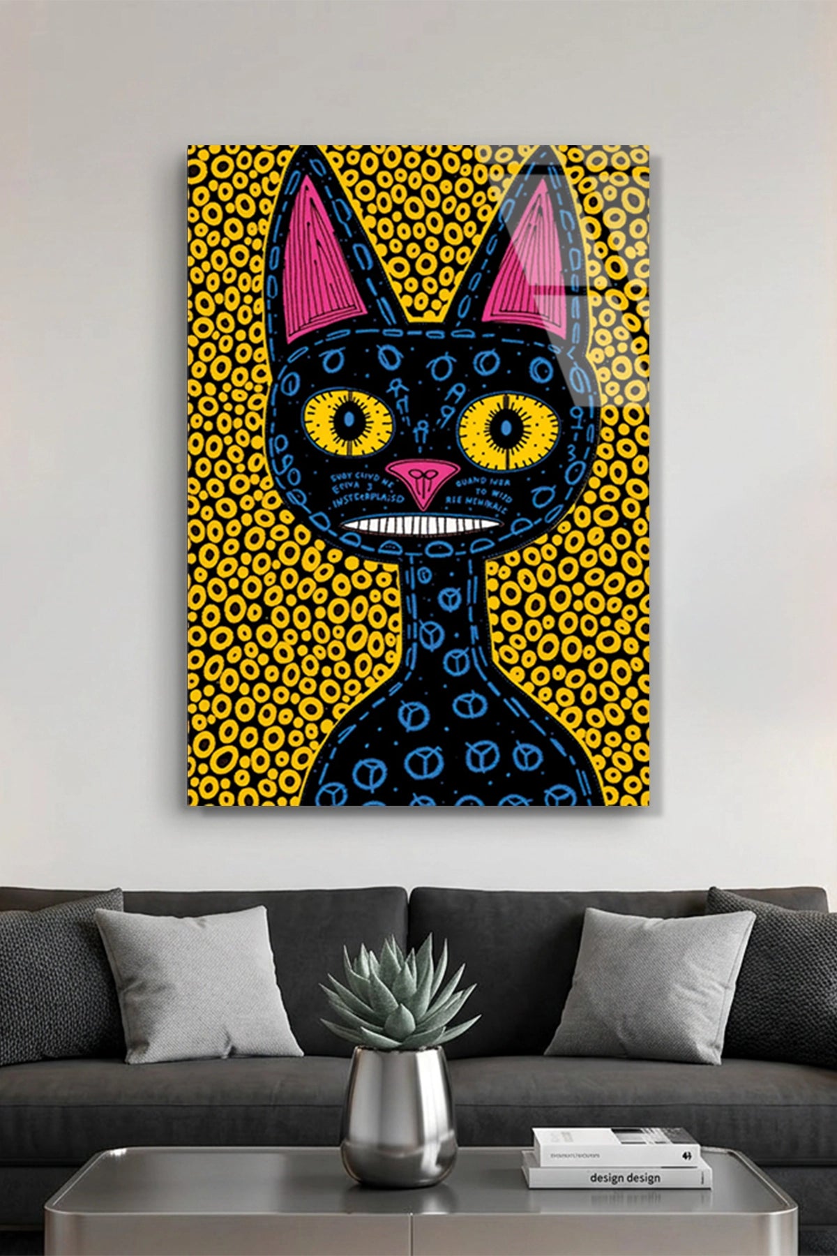 Soyut ve Modern Folk Art Tarzı Esnik Kara Kedi Cam Tablo