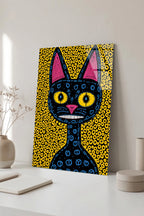 Soyut ve Modern Folk Art Tarzı Esnik Kara Kedi Cam Tablo
