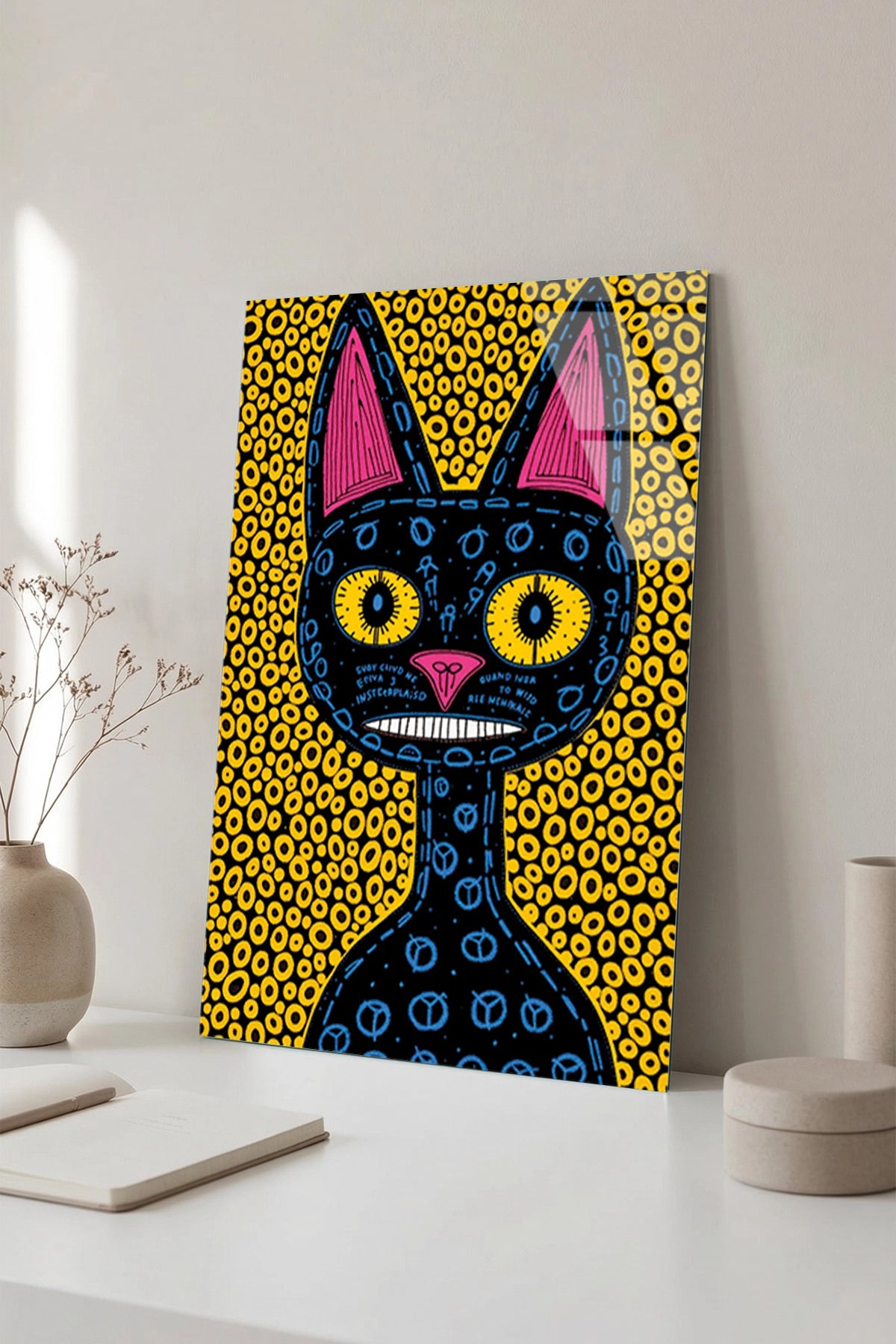 Soyut ve Modern Folk Art Tarzı Esnik Kara Kedi Cam Tablo