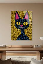Soyut ve Modern Folk Art Tarzı Esnik Kara Kedi Cam Tablo