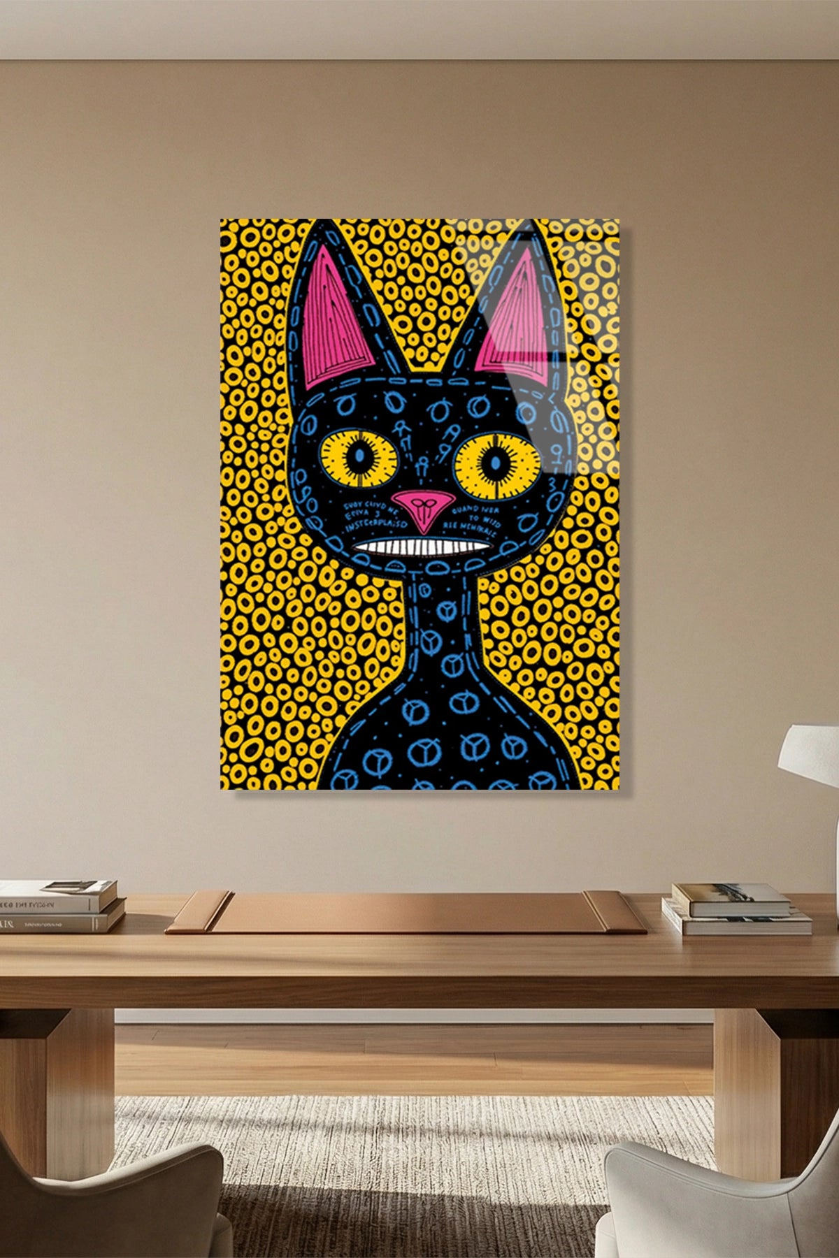 Soyut ve Modern Folk Art Tarzı Esnik Kara Kedi Cam Tablo
