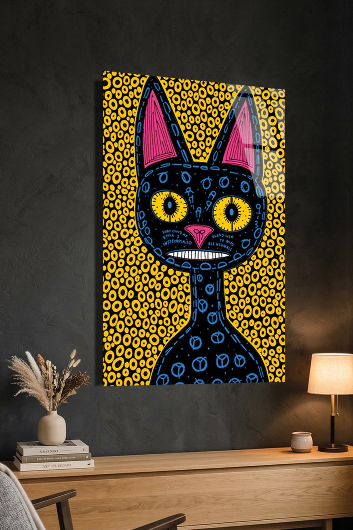 Soyut ve Modern Folk Art Tarzı Esnik Kara Kedi Cam Tablo