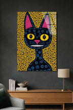 Soyut ve Modern Folk Art Tarzı Esnik Kara Kedi Cam Tablo