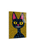 Soyut ve Modern Folk Art Tarzı Esnik Kara Kedi Cam Tablo
