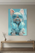 Turkuaz Gözlüklü ve Kulaklıklı Cool French Bulldog Cam Tablo