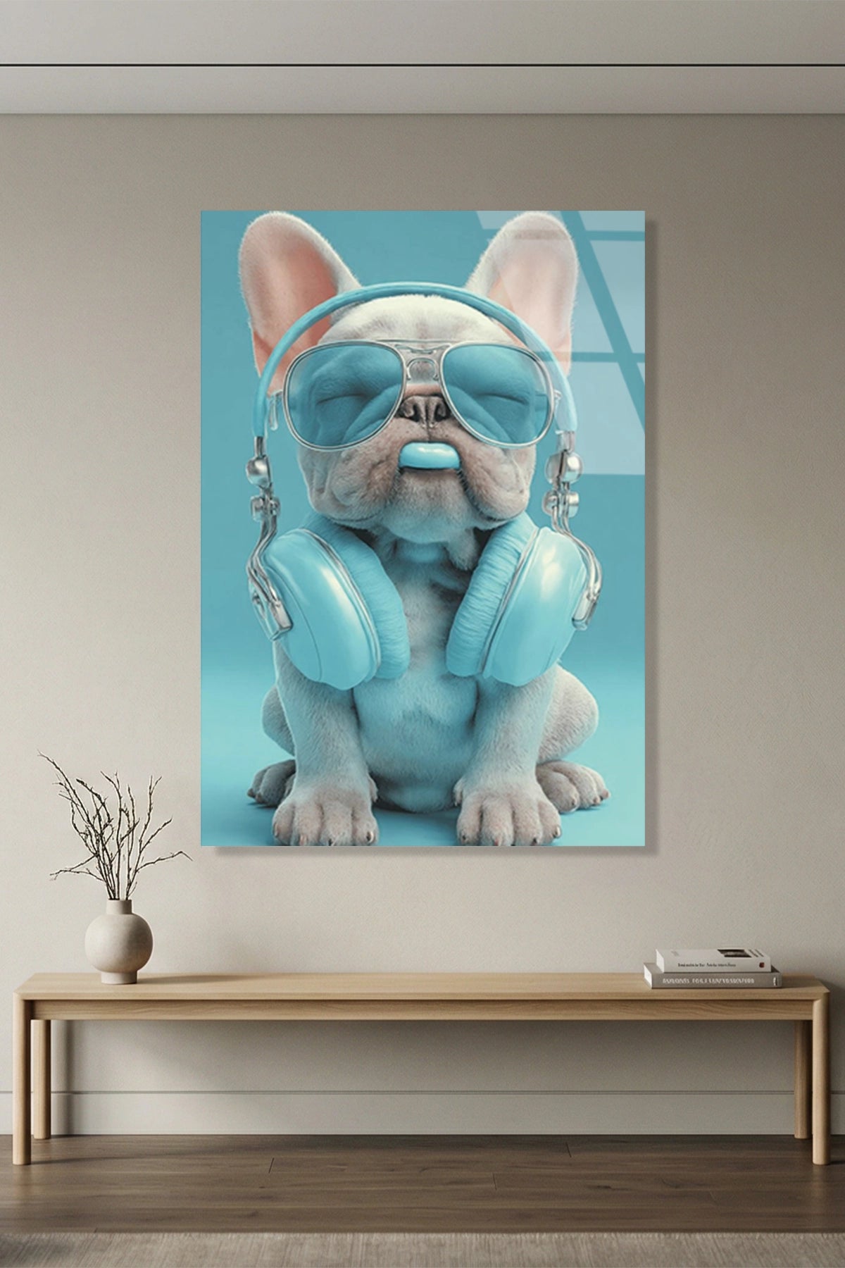 Turkuaz Gözlüklü ve Kulaklıklı Cool French Bulldog Cam Tablo
