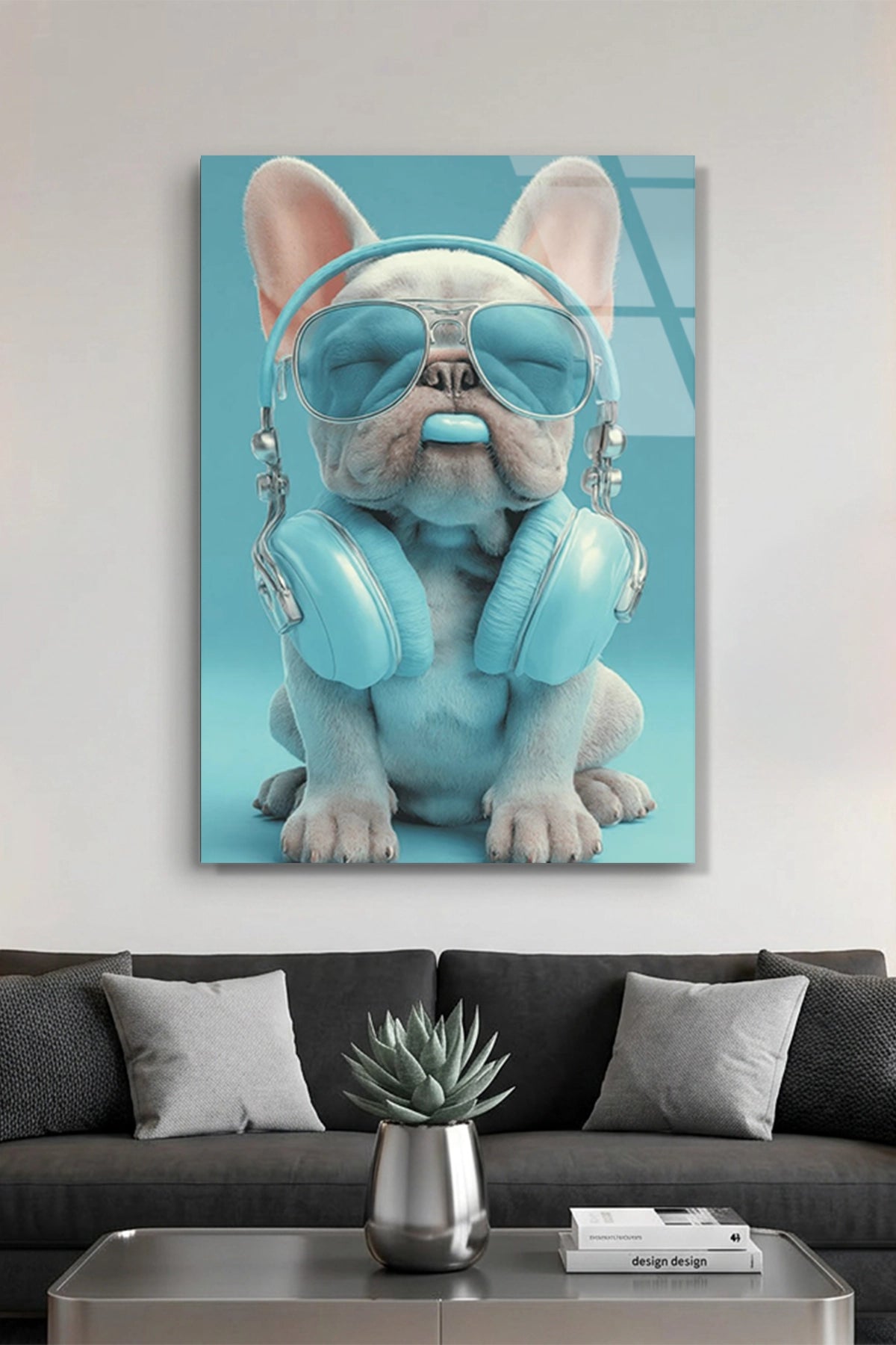 Turkuaz Gözlüklü ve Kulaklıklı Cool French Bulldog Cam Tablo