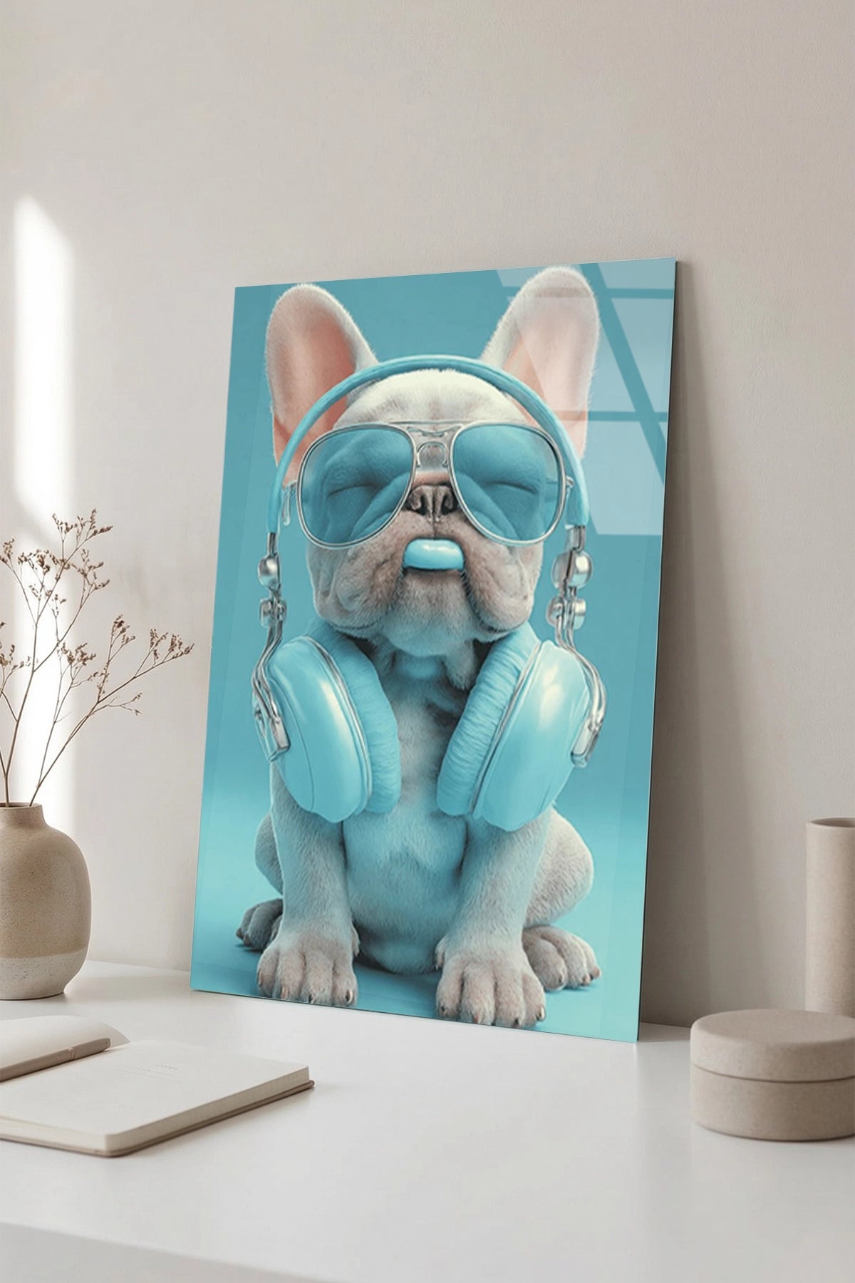 Turkuaz Gözlüklü ve Kulaklıklı Cool French Bulldog Cam Tablo