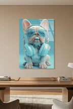 Turkuaz Gözlüklü ve Kulaklıklı Cool French Bulldog Cam Tablo