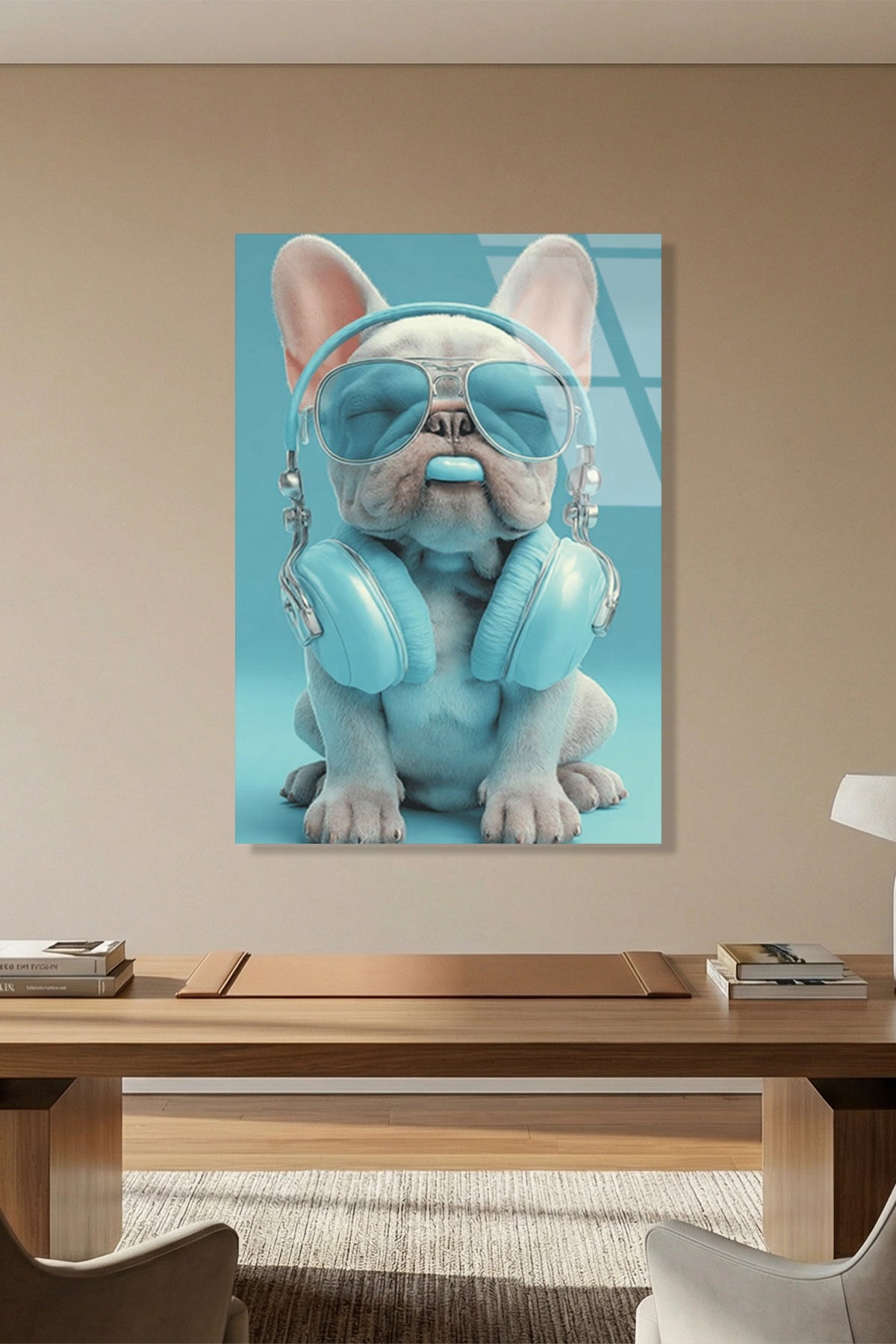 Turkuaz Gözlüklü ve Kulaklıklı Cool French Bulldog Cam Tablo