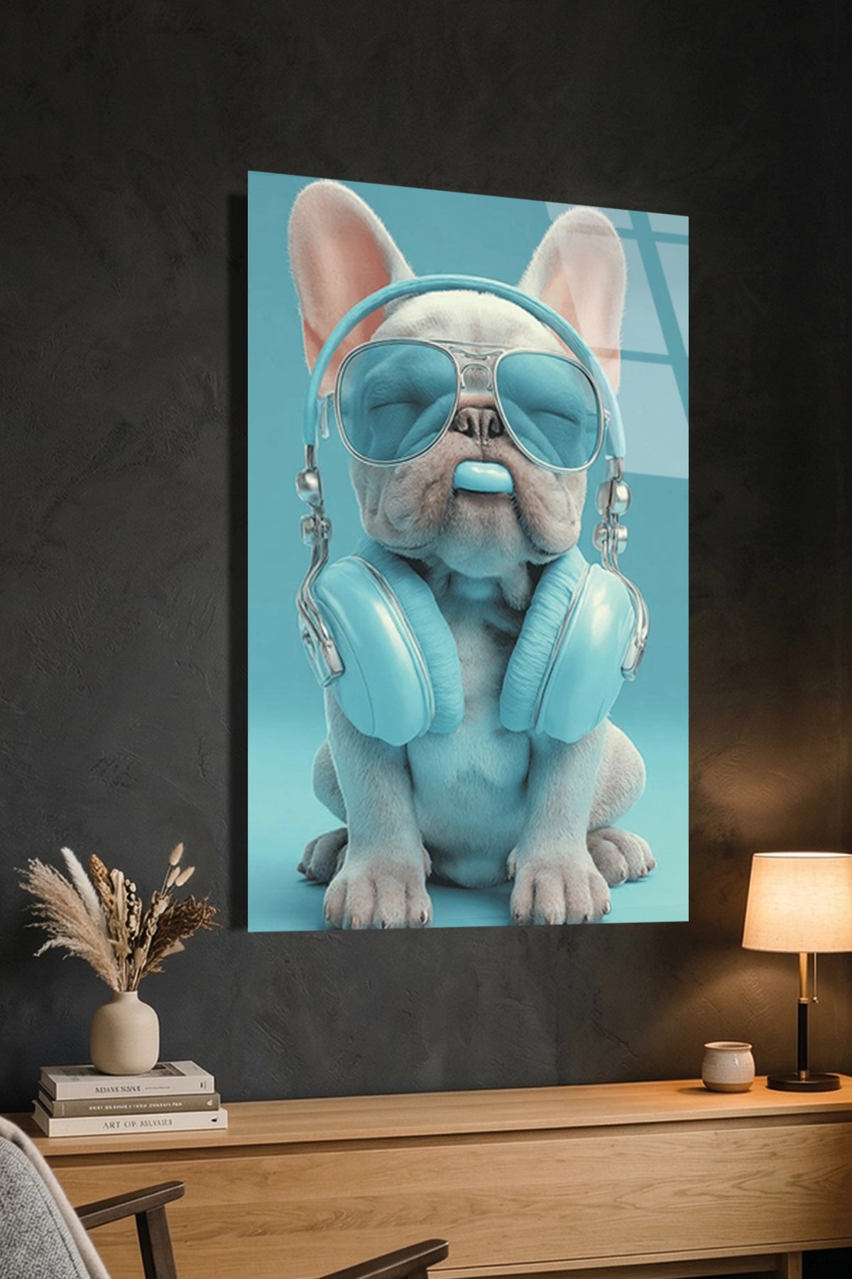 Turkuaz Gözlüklü ve Kulaklıklı Cool French Bulldog Cam Tablo