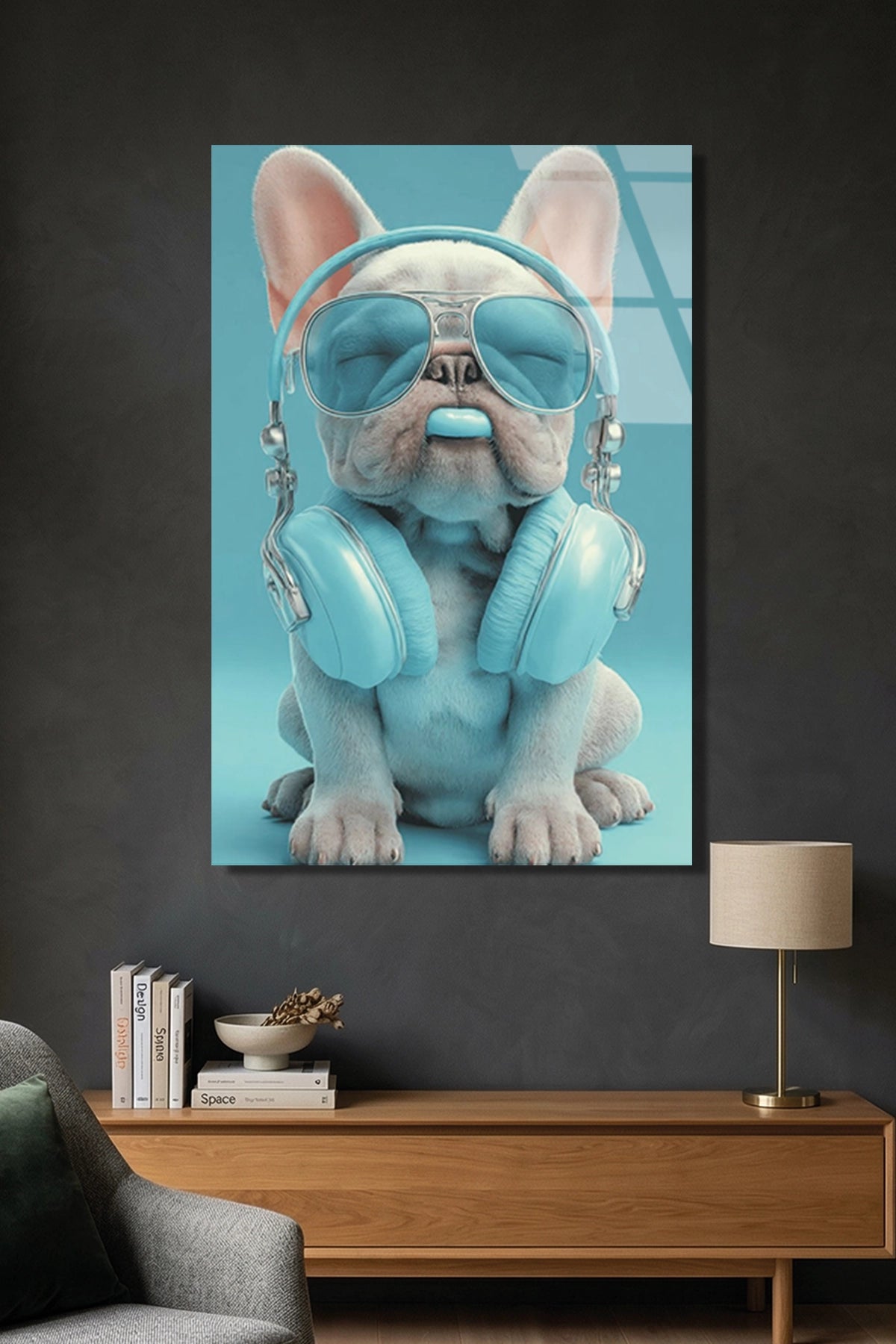 Turkuaz Gözlüklü ve Kulaklıklı Cool French Bulldog Cam Tablo