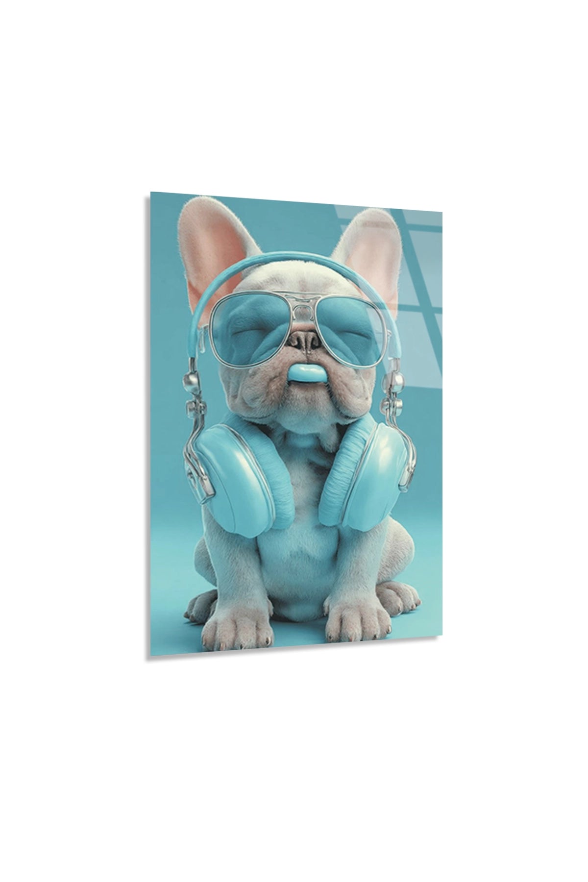 Turkuaz Gözlüklü ve Kulaklıklı Cool French Bulldog Cam Tablo