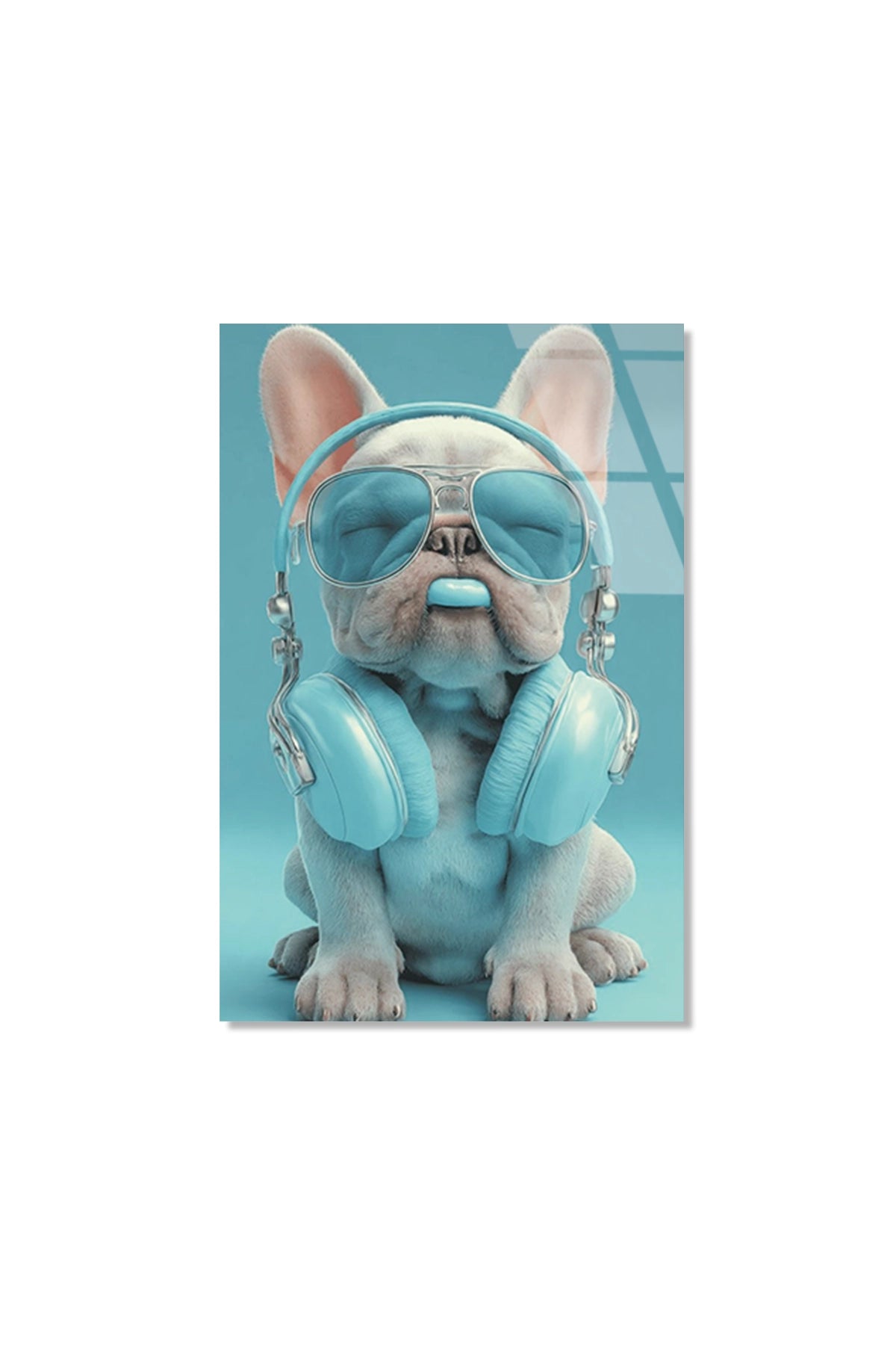 Turkuaz Gözlüklü ve Kulaklıklı Cool French Bulldog Cam Tablo