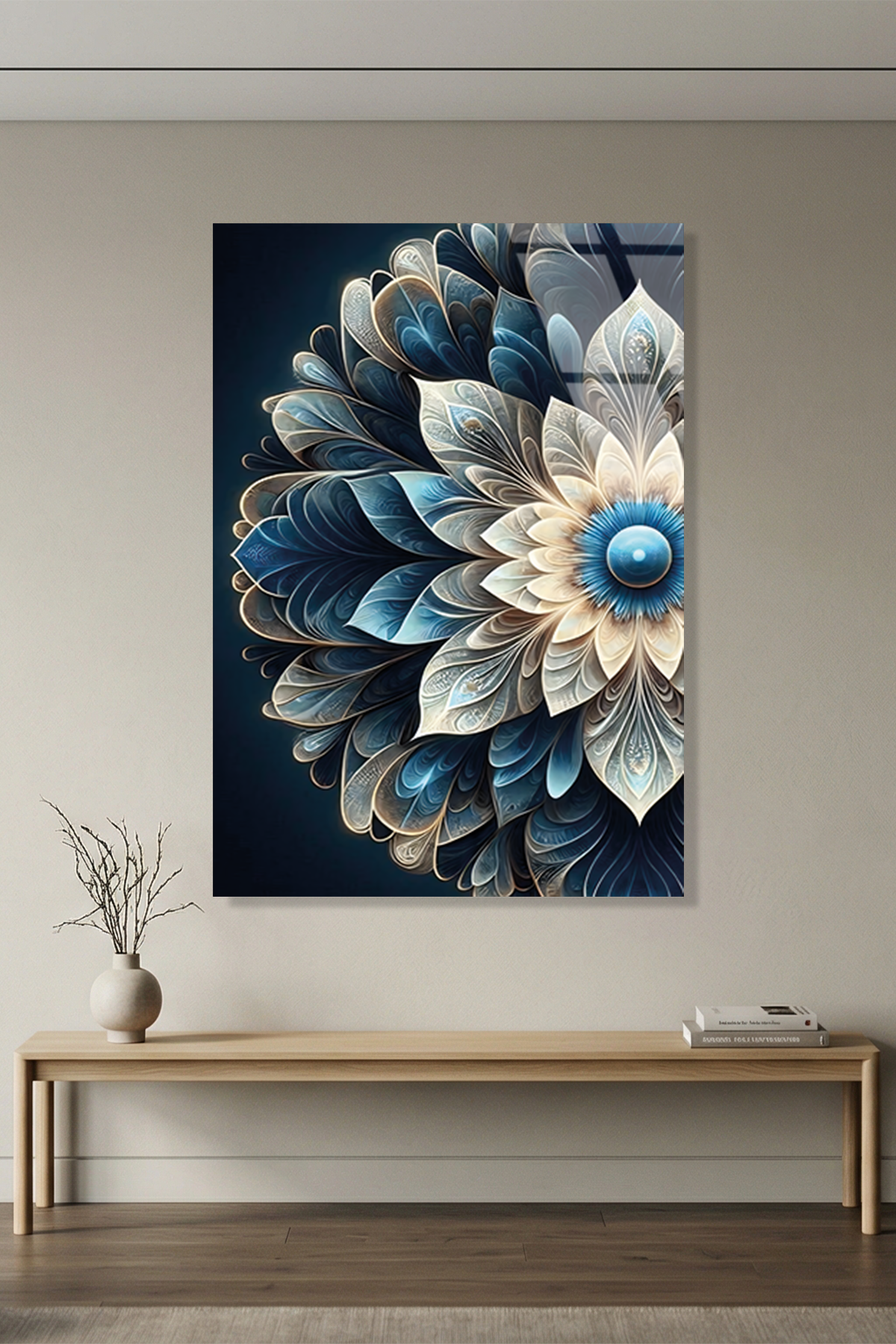 Turkuaz ve Lacivert Geometrik Çiçek Mandala Cam Tablo