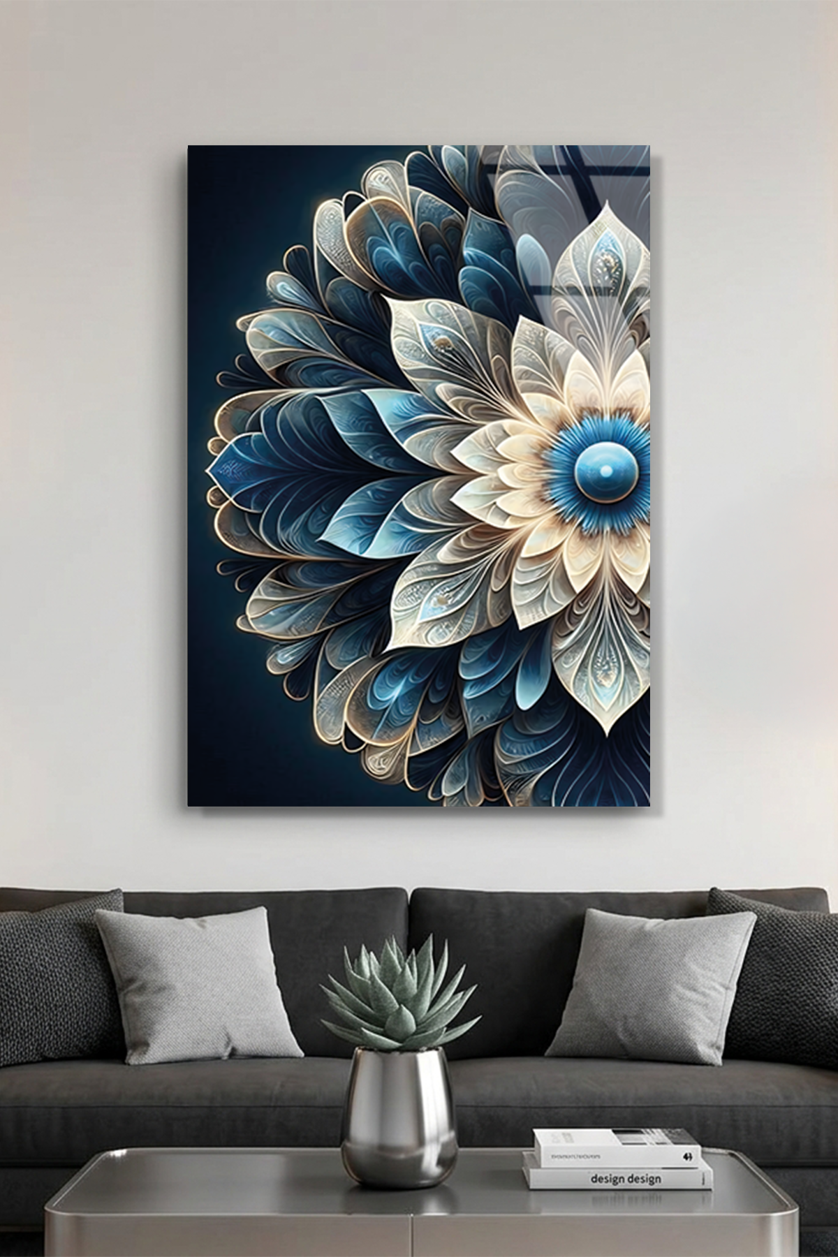 Turkuaz ve Lacivert Geometrik Çiçek Mandala Cam Tablo