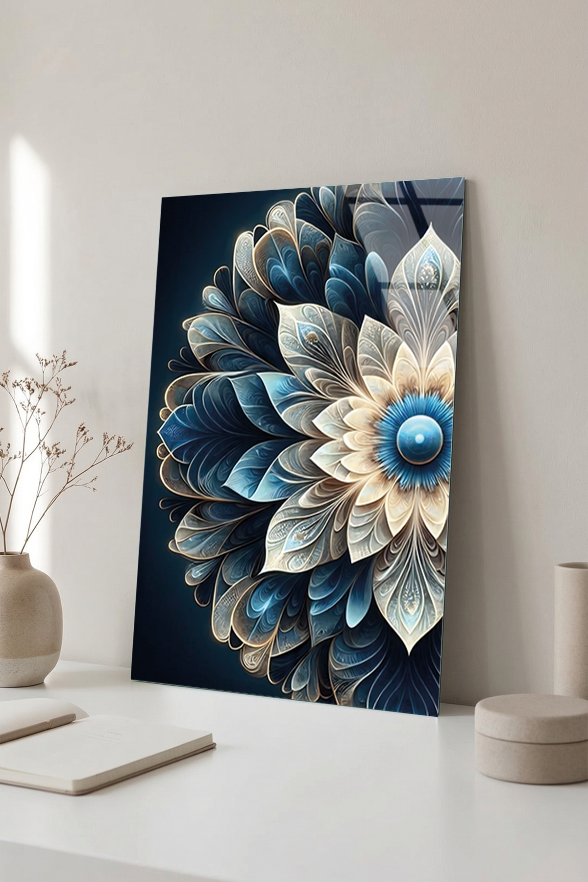 Turkuaz ve Lacivert Geometrik Çiçek Mandala Cam Tablo