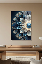 Turkuaz ve Lacivert Geometrik Çiçek Mandala Cam Tablo