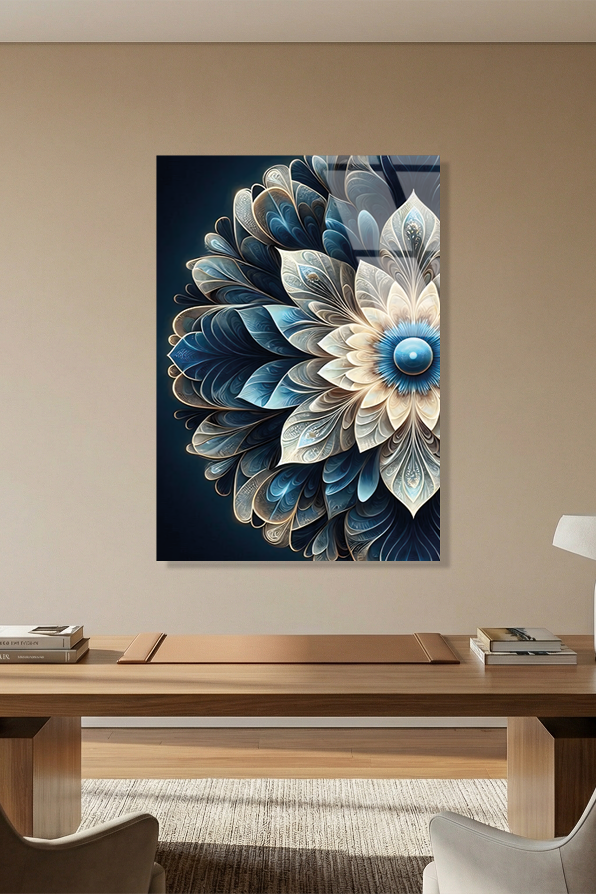Turkuaz ve Lacivert Geometrik Çiçek Mandala Cam Tablo