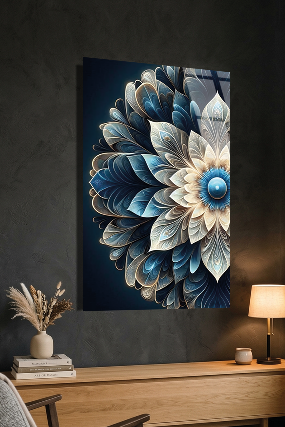 Turkuaz ve Lacivert Geometrik Çiçek Mandala Cam Tablo