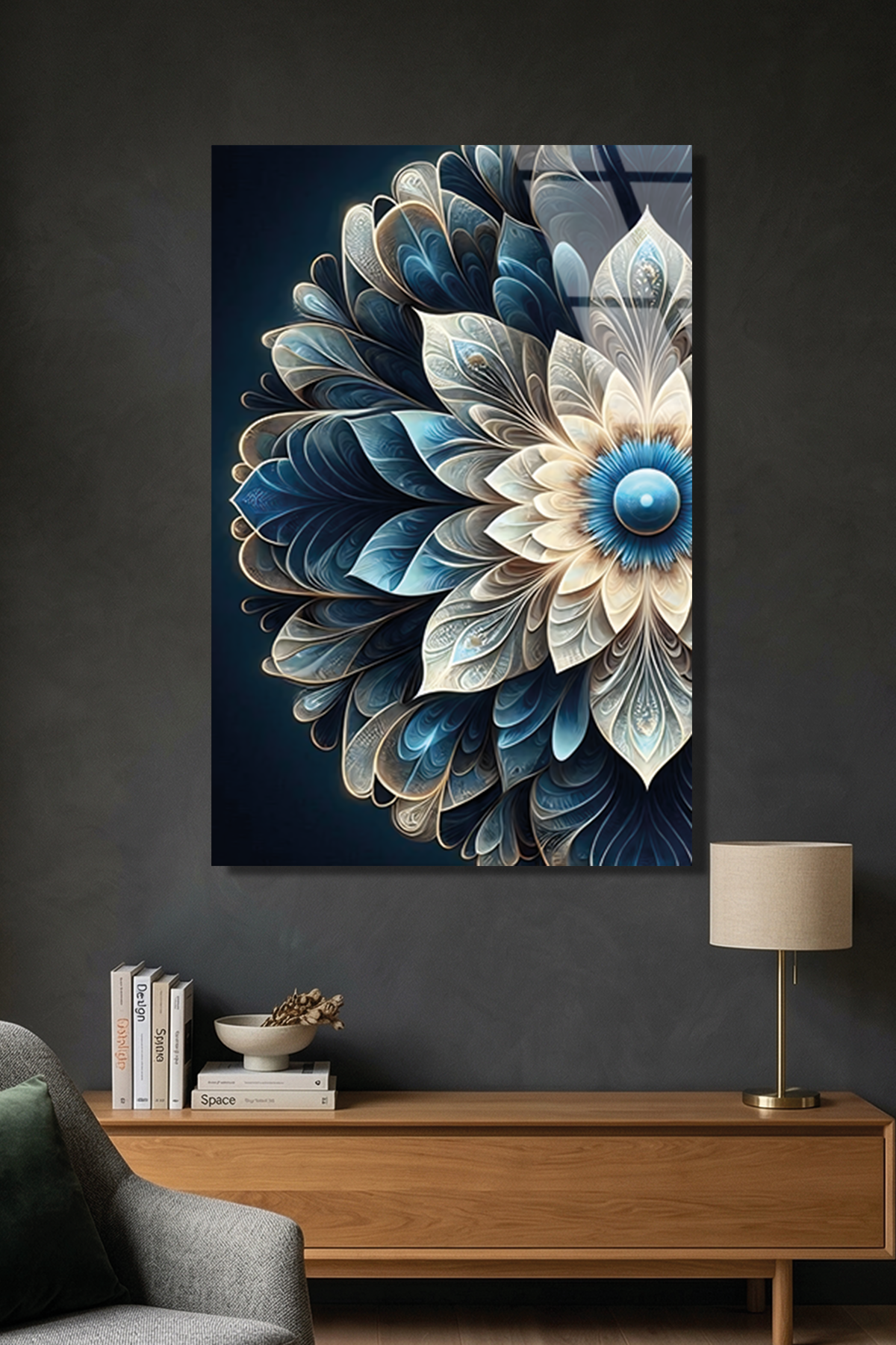 Turkuaz ve Lacivert Geometrik Çiçek Mandala Cam Tablo