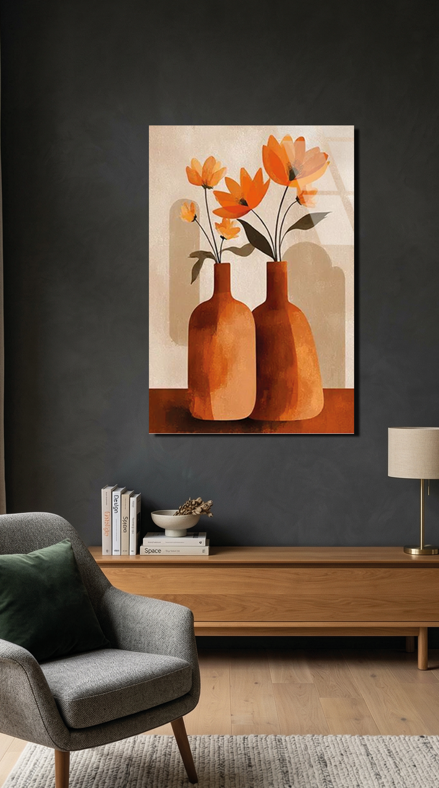 Turuncu Çiçekli ve Toprak Tonlu Vazo Cam Tablo – Alternatif Görsel