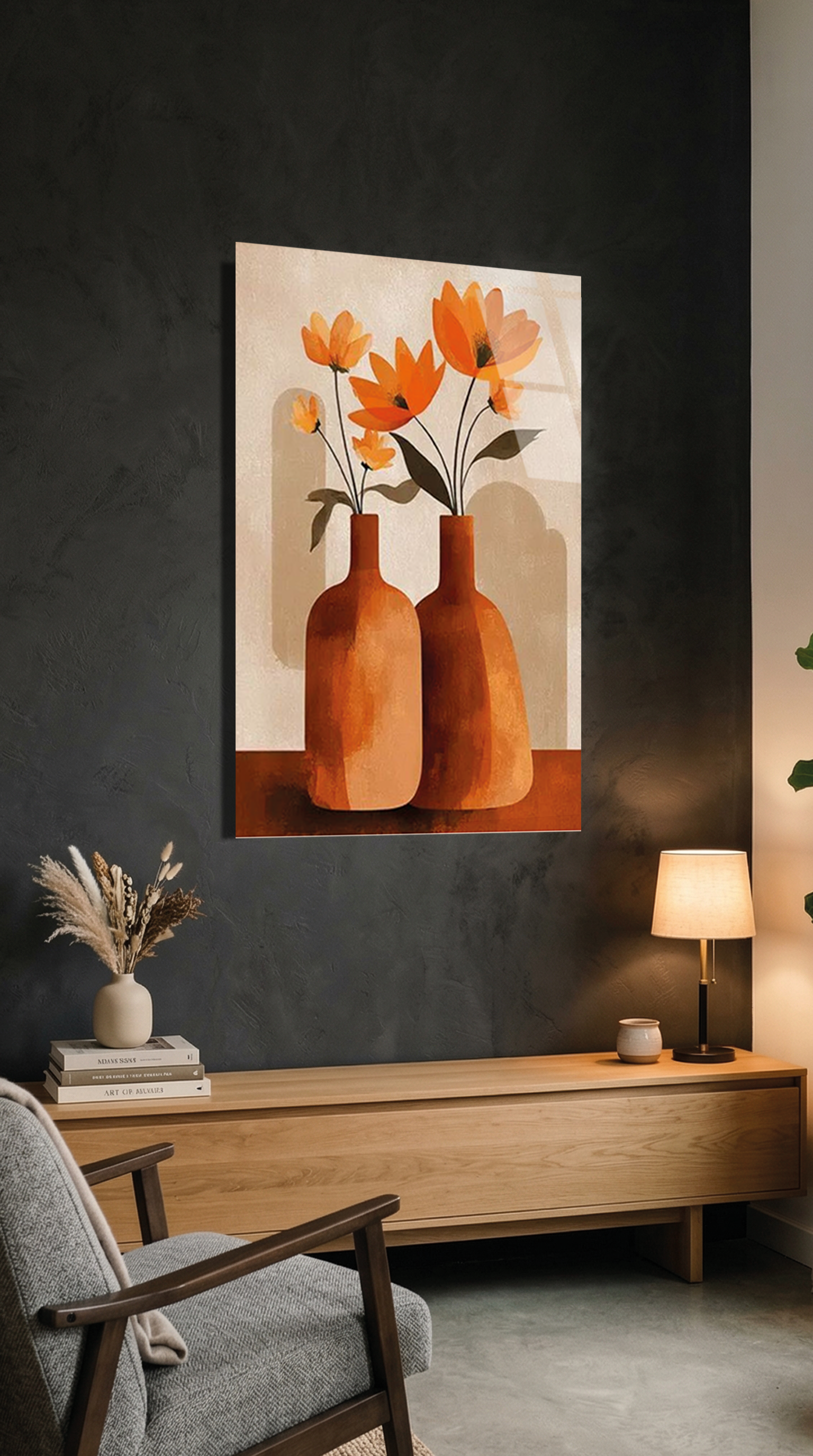 Turuncu Çiçekli ve Toprak Tonlu Vazo Cam Tablo – Ek Görsel