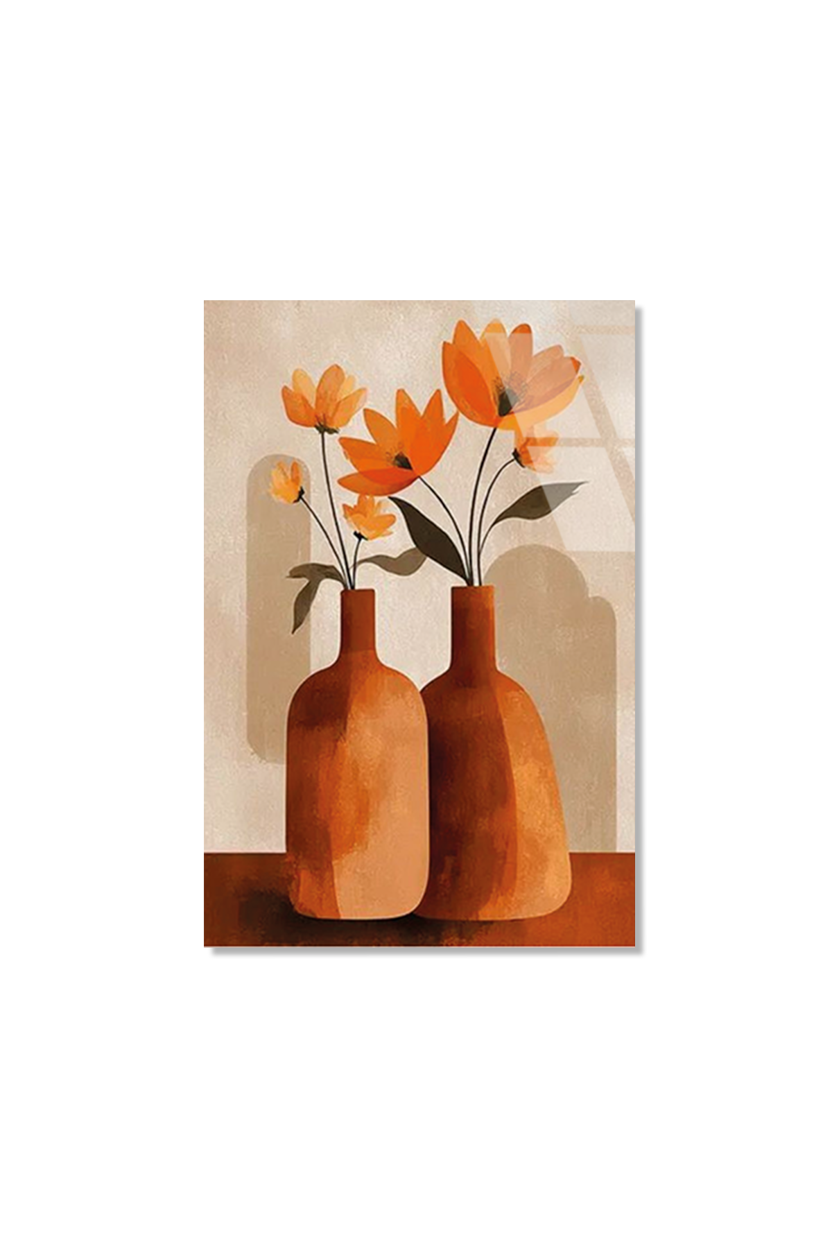 Turuncu Çiçekli ve Toprak Tonlu Vazo Cam Tablo – Farklı Boyut Görünümü
