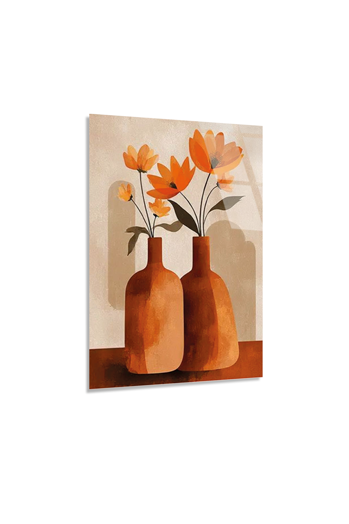 Turuncu Çiçekli ve Toprak Tonlu Vazo Cam Tablo | Cam Tablo – Ürün Görseli