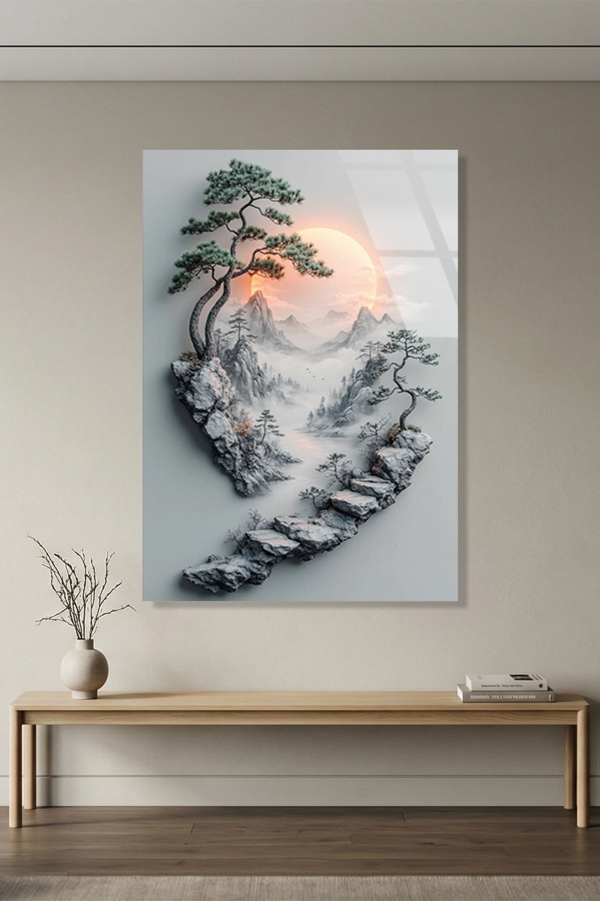 Uzak Doğu Temalı Taş Merdivenler ve Bonsai Ağacı Cam Tablo