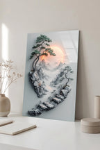 Uzak Doğu Temalı Taş Merdivenler ve Bonsai Ağacı Cam Tablo