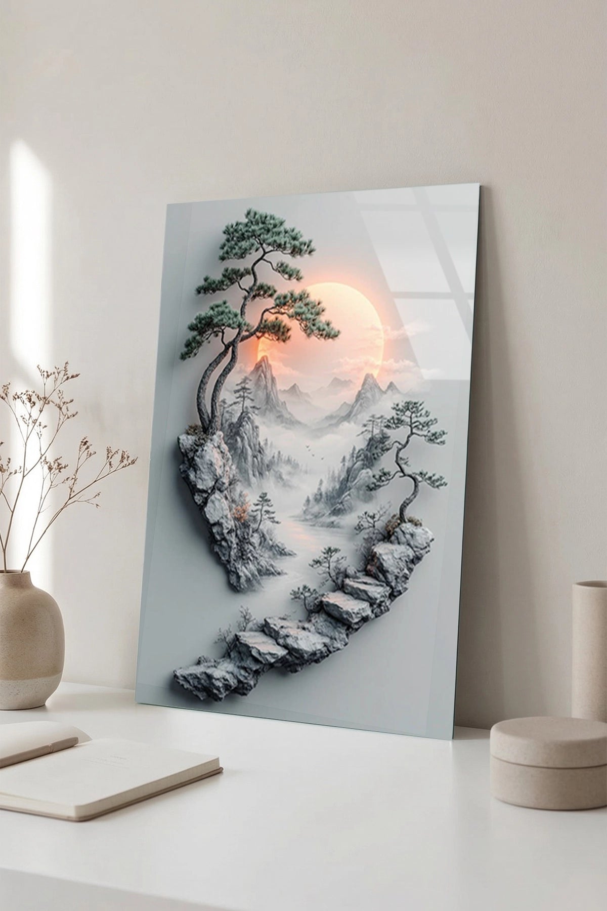 Uzak Doğu Temalı Taş Merdivenler ve Bonsai Ağacı Cam Tablo