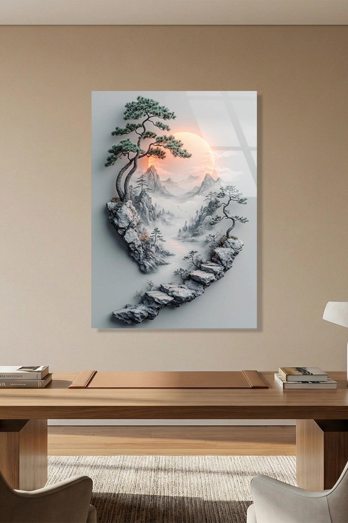 Uzak Doğu Temalı Taş Merdivenler ve Bonsai Ağacı Cam Tablo