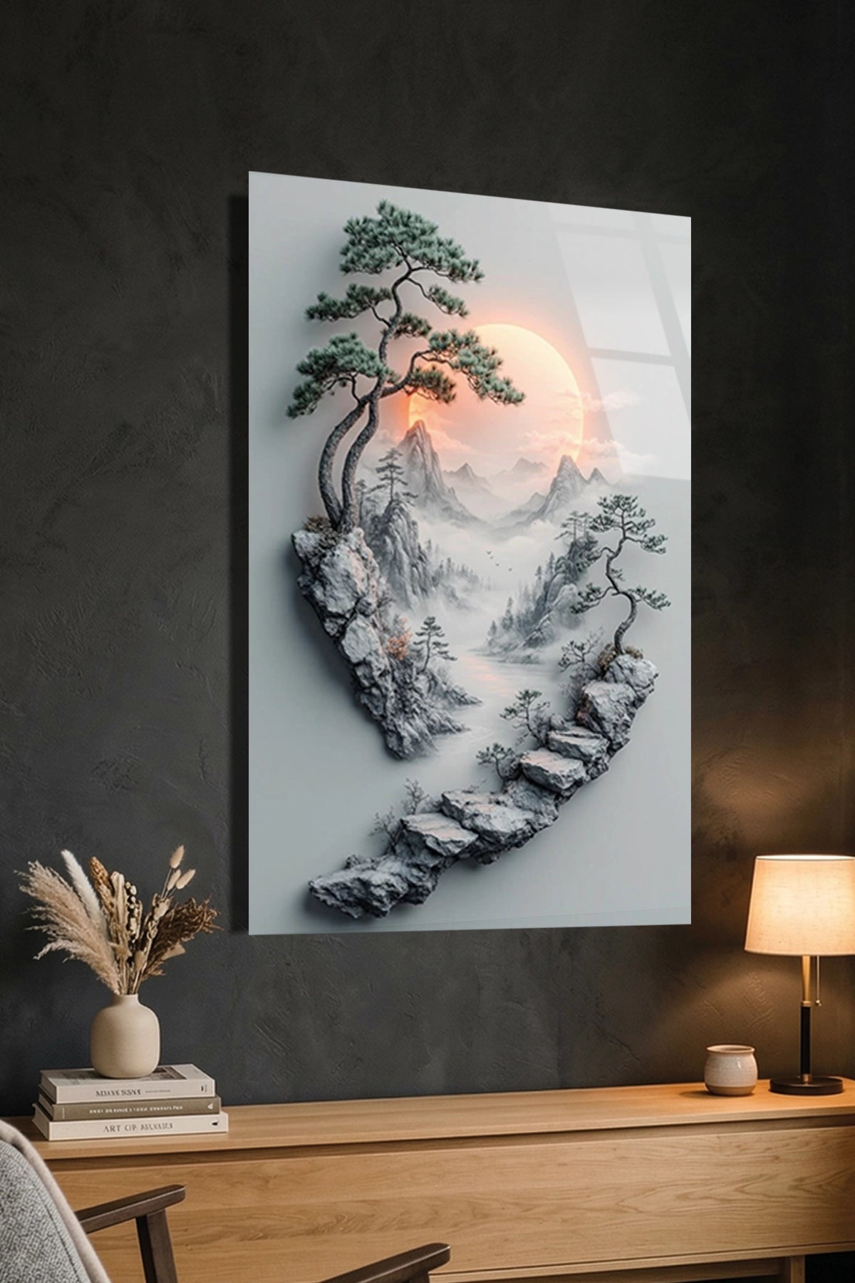 Uzak Doğu Temalı Taş Merdivenler ve Bonsai Ağacı Cam Tablo