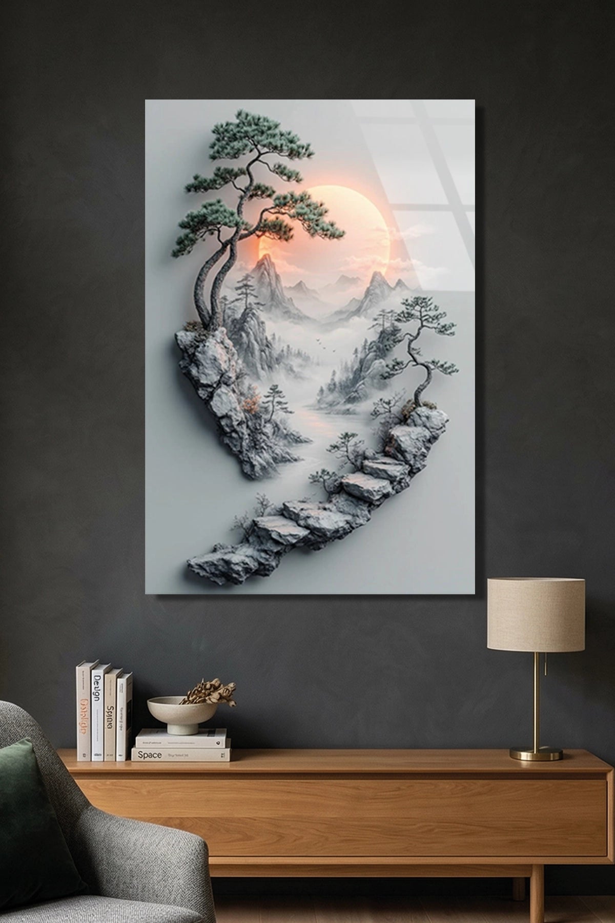 Uzak Doğu Temalı Taş Merdivenler ve Bonsai Ağacı Cam Tablo