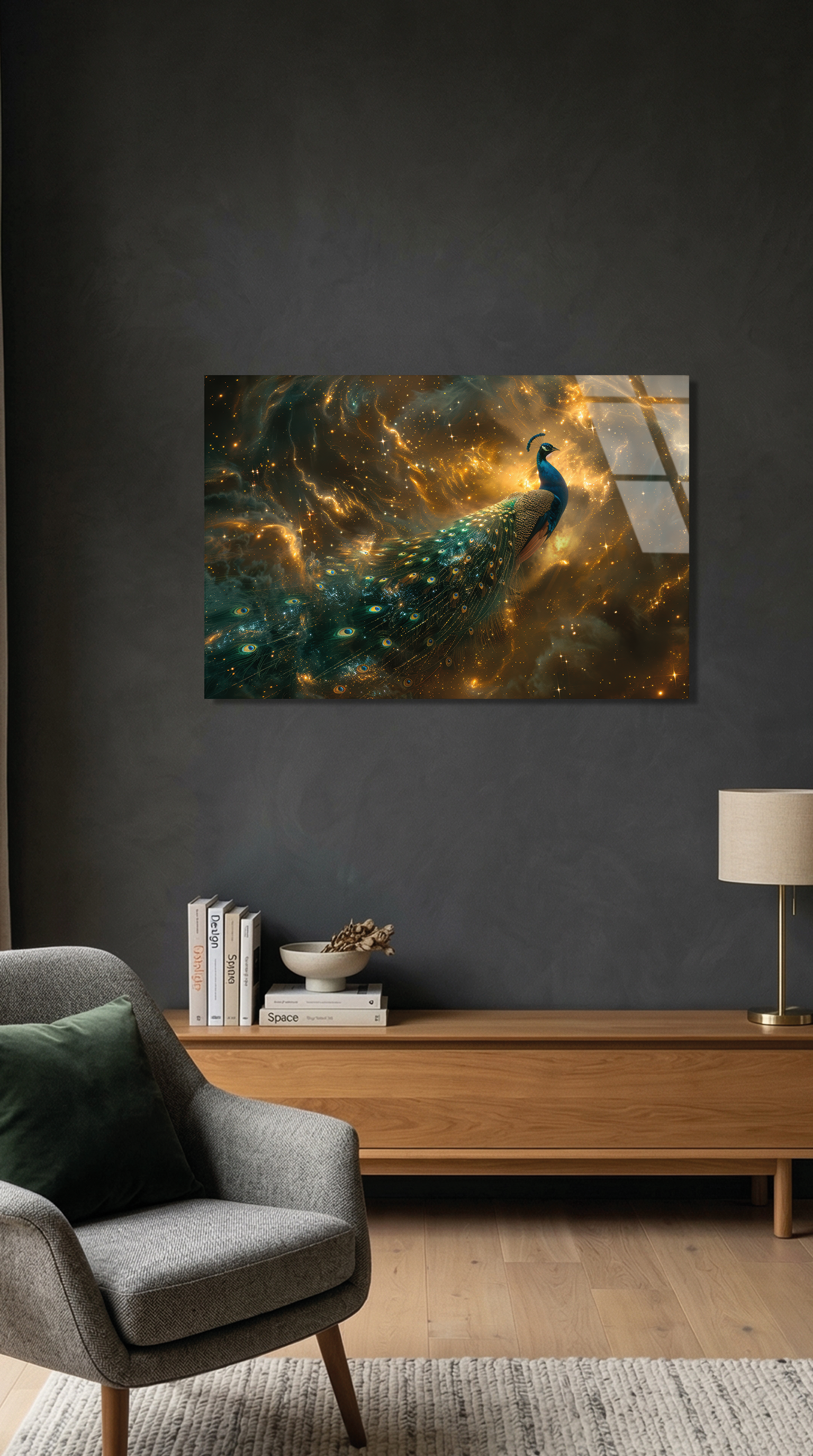 Uzayda Tavus Kuşu Yıldız Tozu ve Nebula Temalı Cam Tablo