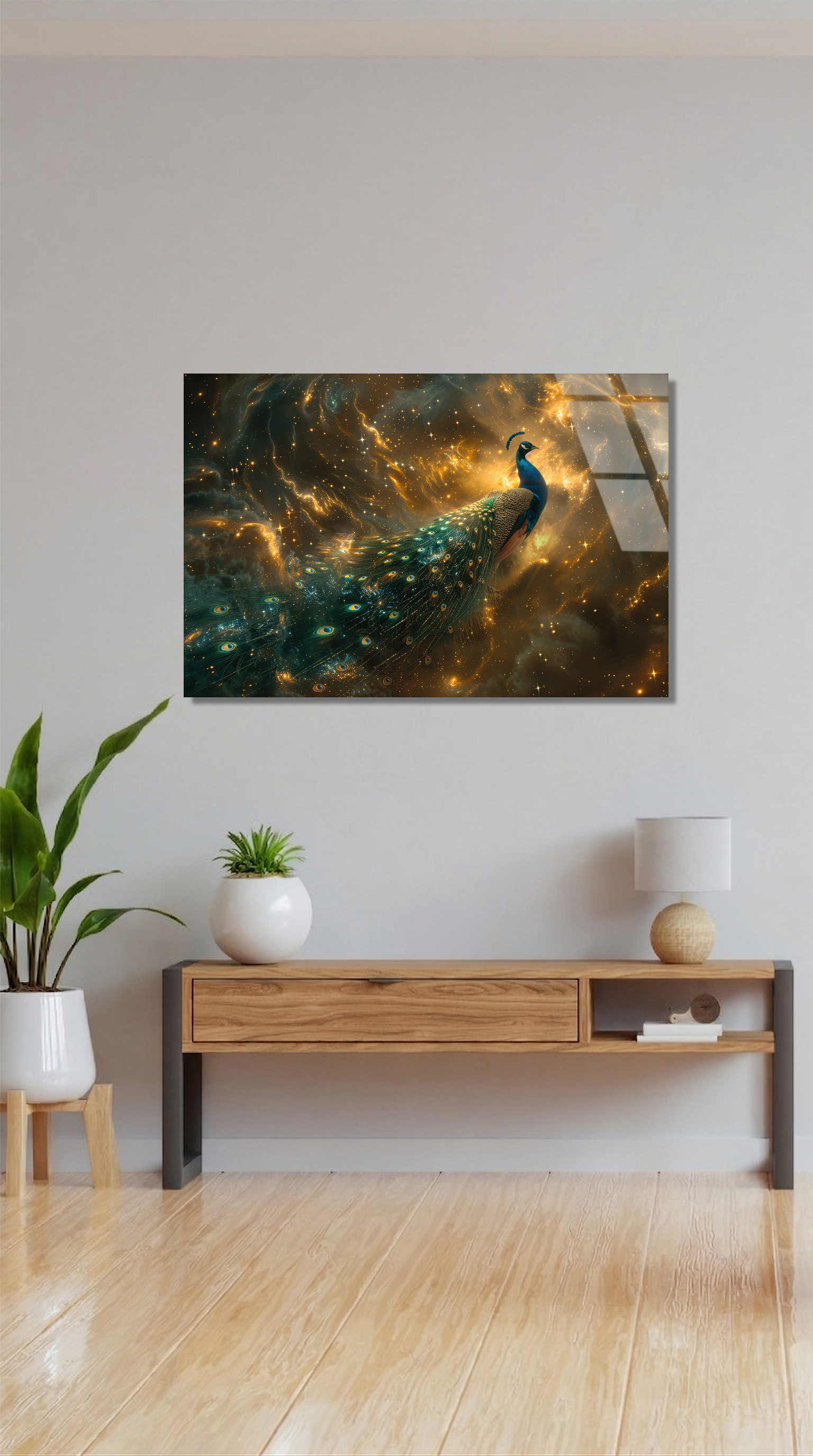 Uzayda Tavus Kuşu Yıldız Tozu ve Nebula Temalı Cam Tablo