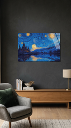Van Gogh Stili Yıldızlı Gece ve Gotik Sato Yansıması Cam Tablo | Vitraum