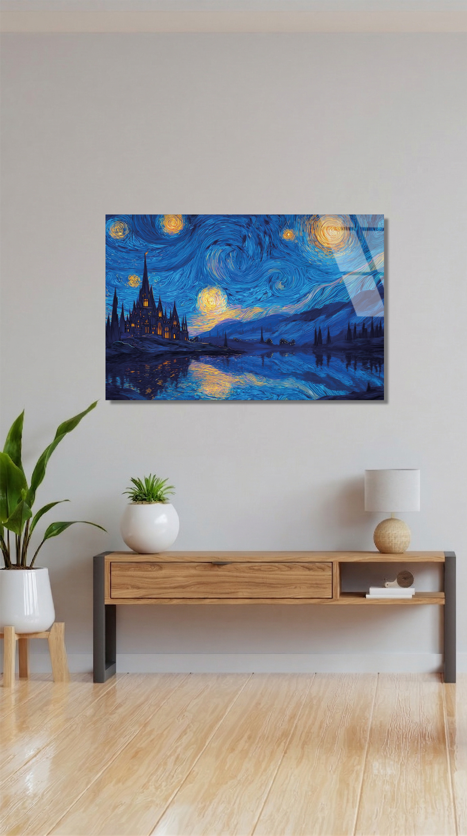 Van Gogh Stili Yıldızlı Gece ve Gotik Sato Yansıması Cam Tablo