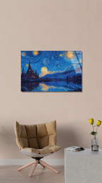 Van Gogh Stili Yıldızlı Gece ve Gotik Sato Yansıması Cam Tablo | Vitraum