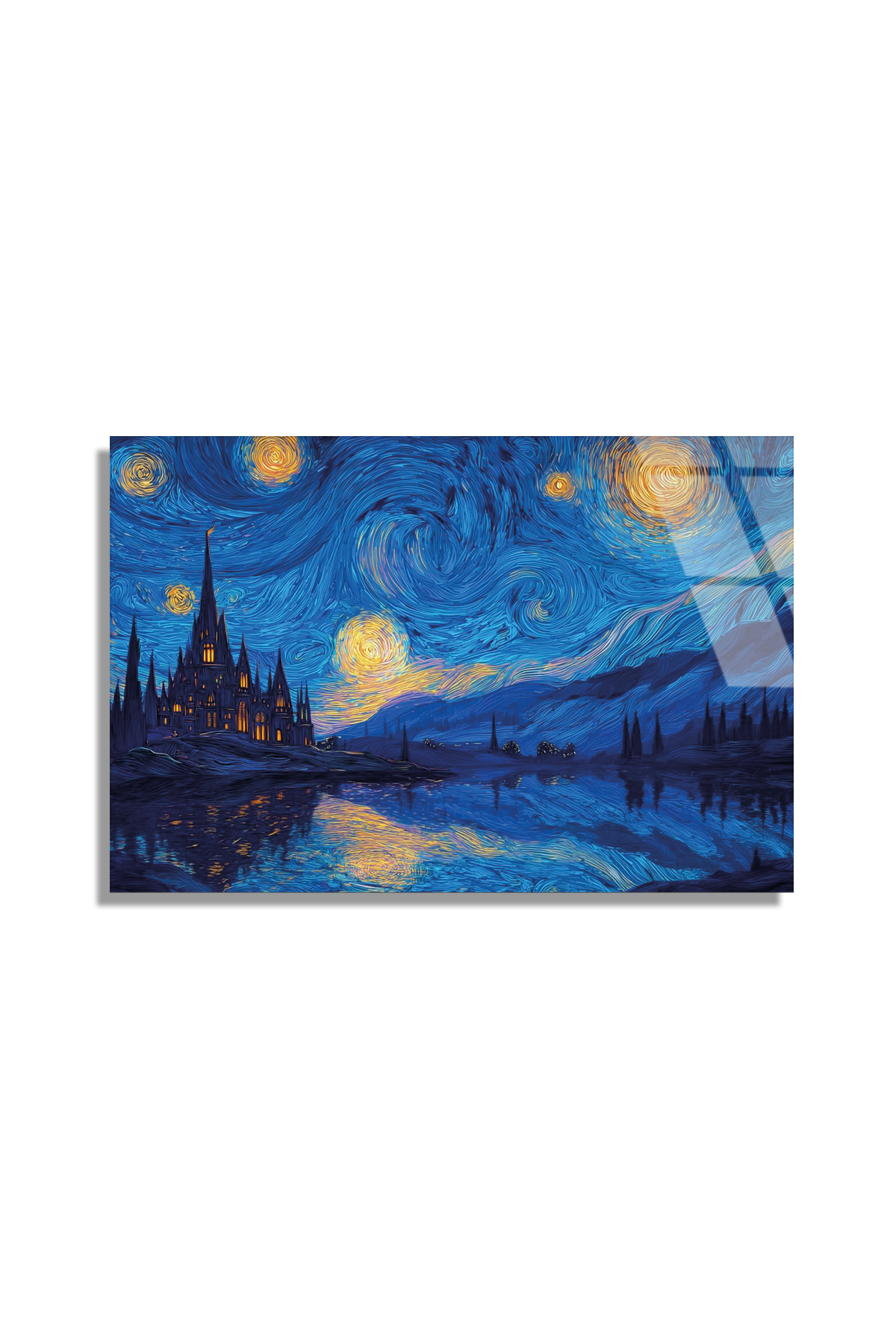 Van Gogh Stili Yıldızlı Gece ve Gotik Sato Yansıması Cam Tablo