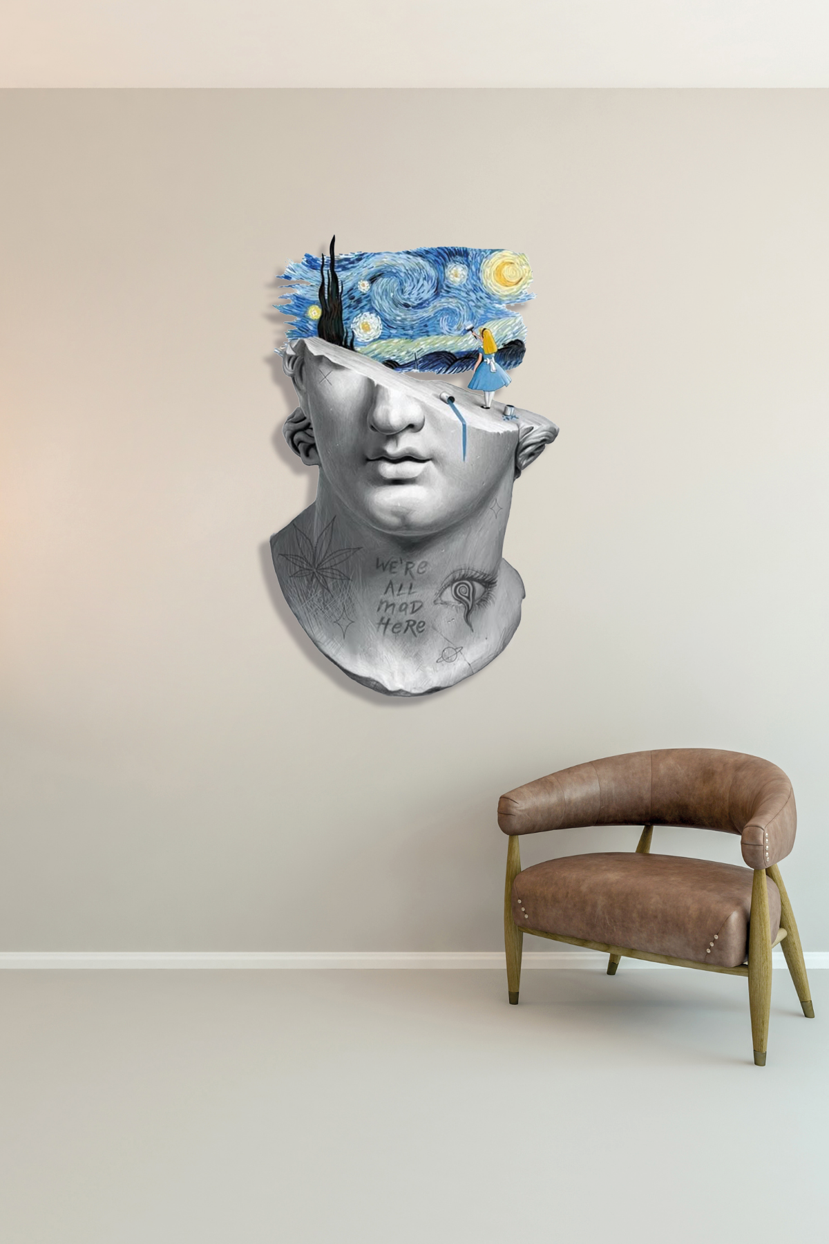 Van Gogh Yıldızlı Gece ve Antik Bust Tasarım Metal Tablo