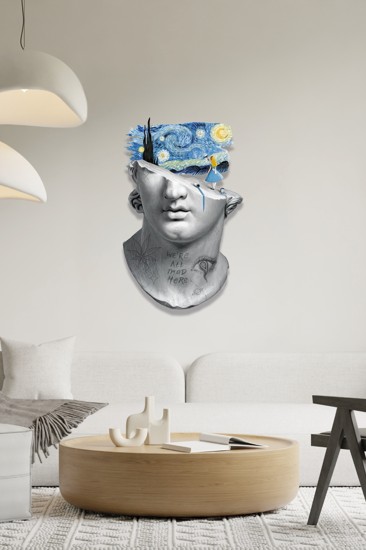 Van Gogh Yıldızlı Gece ve Antik Bust Tasarım Metal Tablo