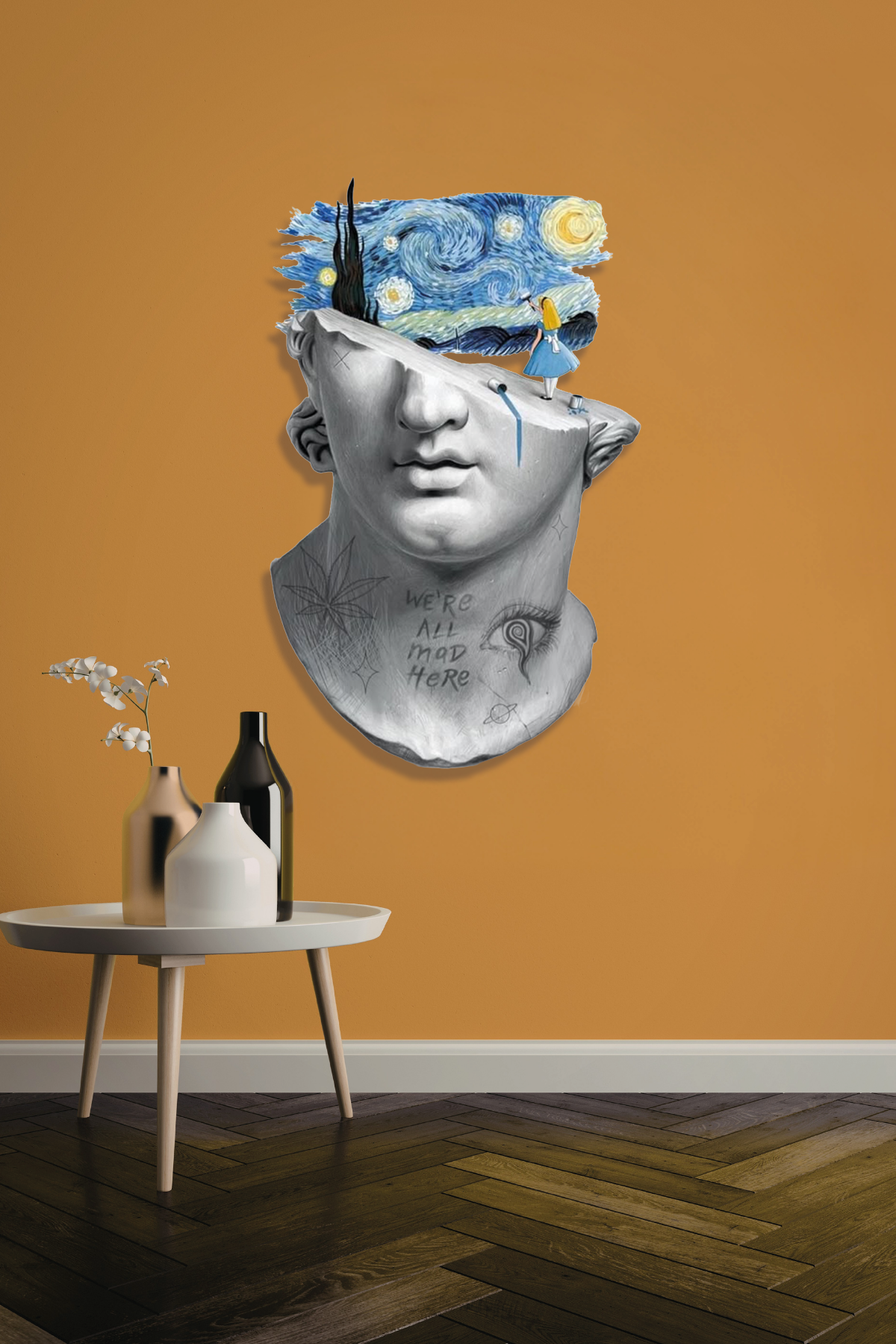 Van Gogh Yıldızlı Gece ve Antik Bust Tasarım Metal Tablo