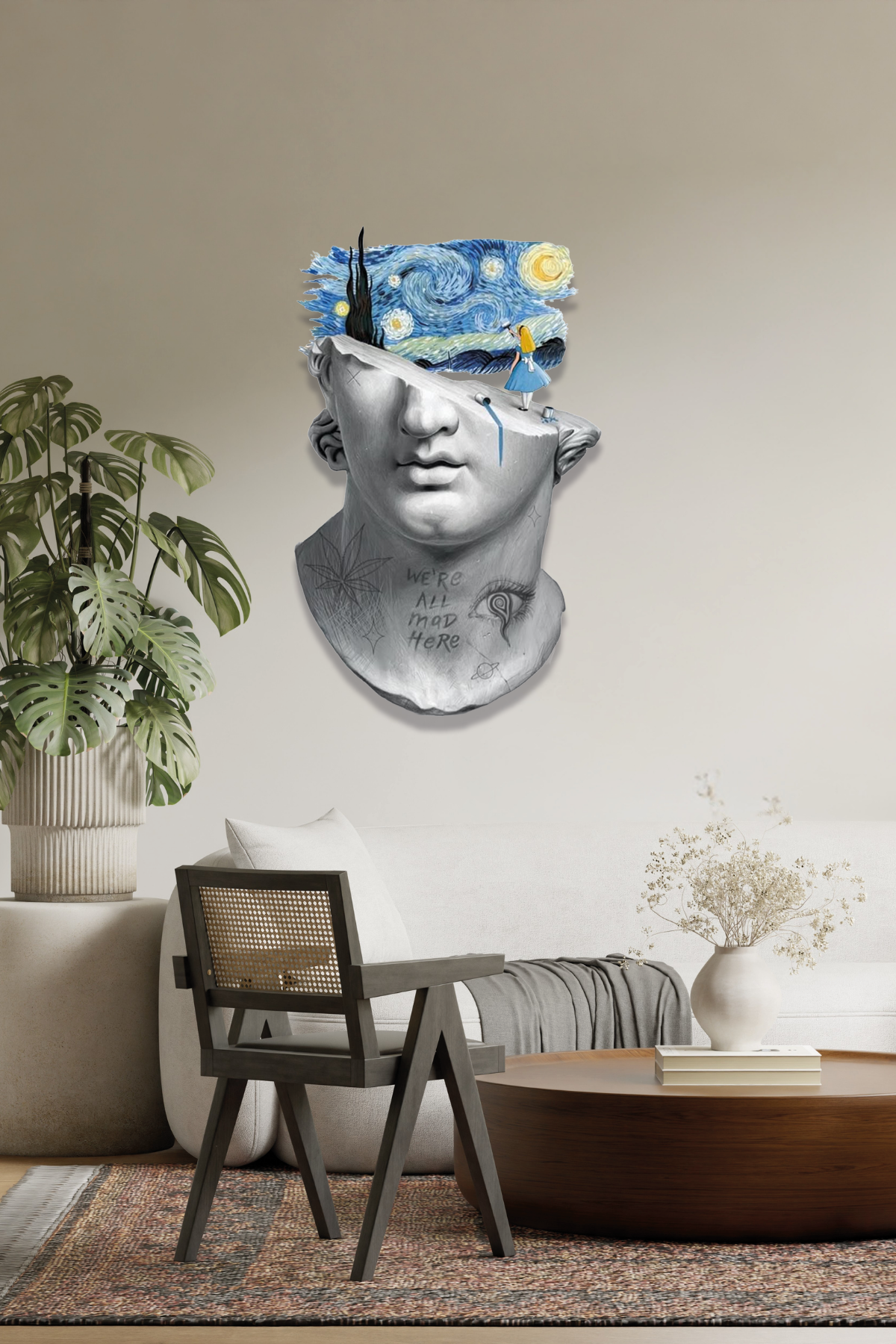 Van Gogh Yıldızlı Gece ve Antik Bust Tasarım Metal Tablo