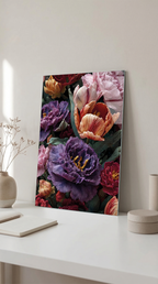 Vibrant Renkli Lale Buketi Yağlı Boya Dokulu Cam Tablo | Vitraum