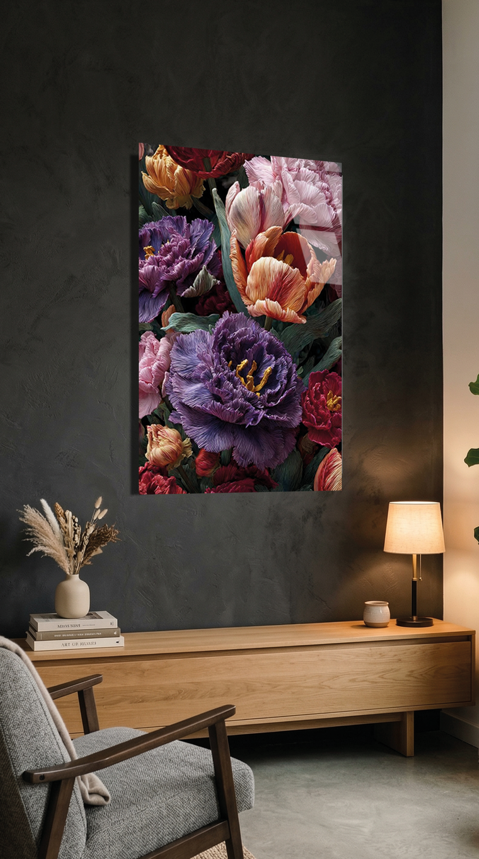 Vibrant Renkli Lale Buketi Yağlı Boya Dokulu Cam Tablo | Vitraum
