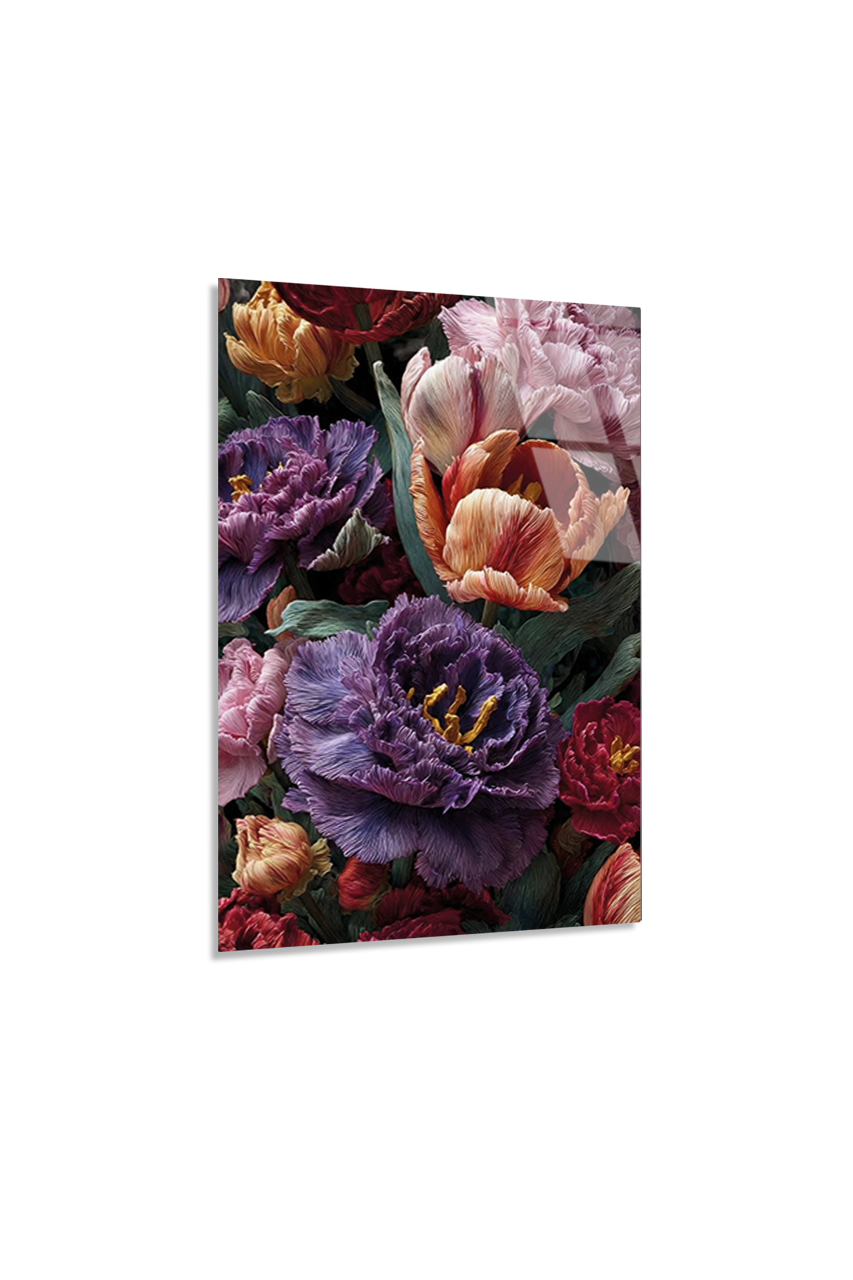 Vibrant Renkli Lale Buketi Yağlı Boya Dokulu Cam Tablo | Vitraum
