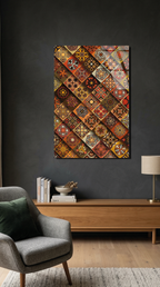 Vintage Toprak Tonları Geometrik Mozaik Desenli Cam Tablo | Vitraum
