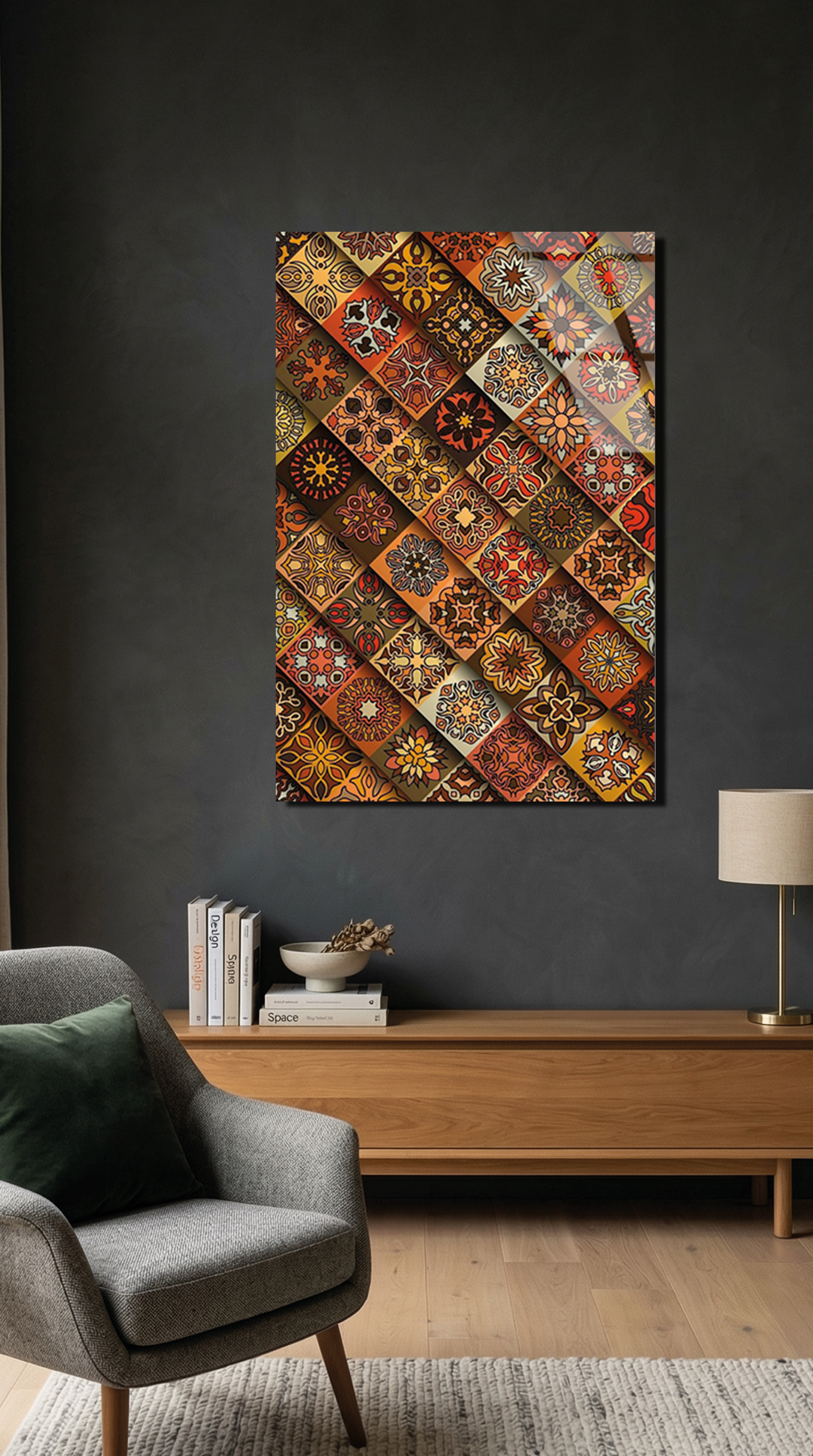 Vintage Toprak Tonları Geometrik Mozaik Desenli Cam Tablo | Vitraum